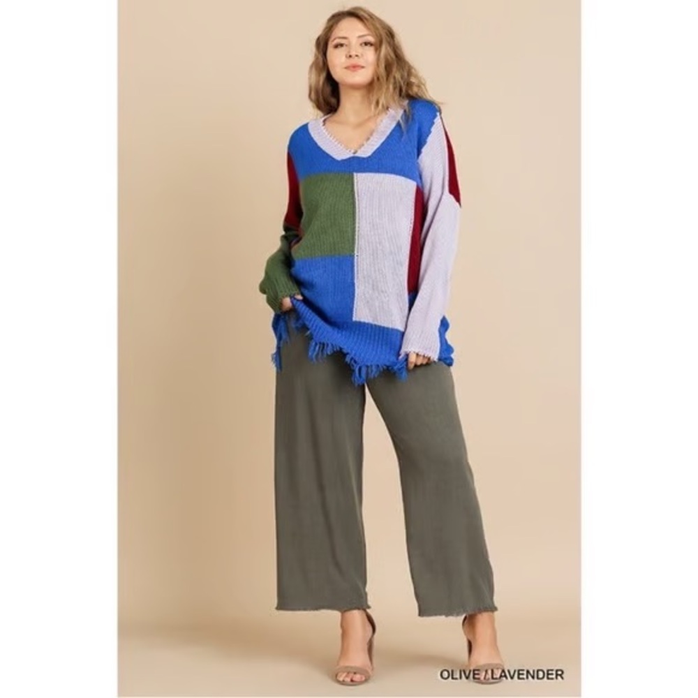 Umgee Color Block Knit V Neck Sweater Distressed Frayed Fringe Hem Size 1XL